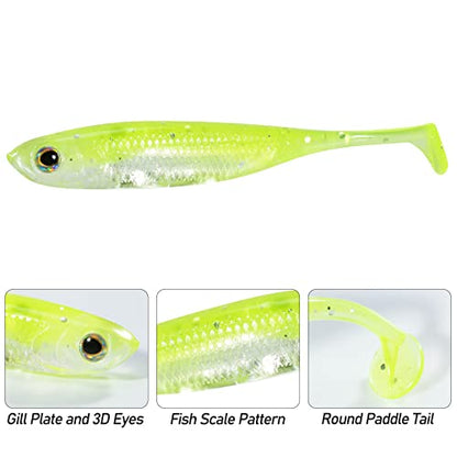 Dr.Fish Paddle Tail Swimbaits, Soft Fishing Lures for Bass Fishing 2.75-4.75 Inches, Freshwater & Saltwater Soft Plastic Baits Swim Shad Bait Minnow Lures Drop Shot - color: Chartreuse, size: 2.7"-6 Pack