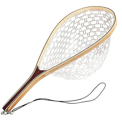 Fishing Landing Net Soft Rubber Mesh Trout Net Catch and Release Net with Wooden Handle Frame, Flying Fishing Hoop 42 x 24.8 x 25(cm)