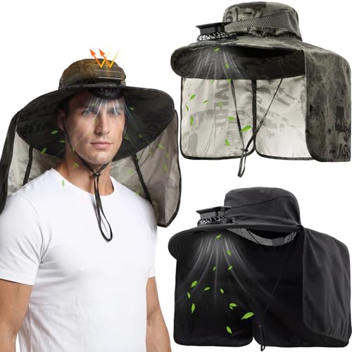 Maiteenly 2 Pcs Solar Fan Hat for Men with Neck Flap Bucket Fan Buit in Hats for Hiking Fishing Outdoor USB and Solar Powered - color: Black, Military Green