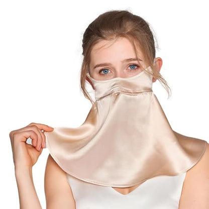 UPF 50+ Pure Silk Face Cover UV Protection Sunscreen Sun Protection Face Mask Reusable Sport Face Scarf Mask for Women - color: Champagne Gold