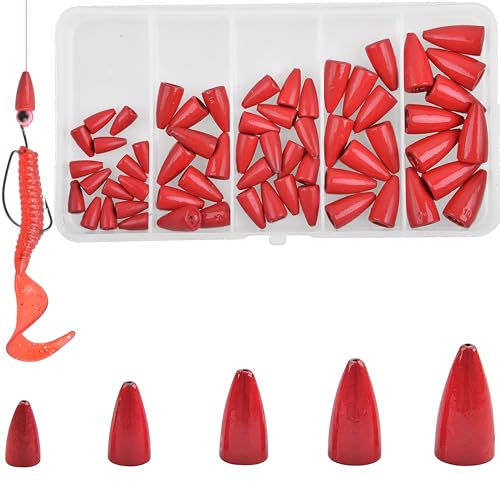 Bullet Fishing Sinkers Bass Fishing Weights Kit, 60pcs Worm Fishing Slip Weights Painted Pitching Flipping Weight Worm Weights for Bass Fishing Texas Rig Carolina Rig - style: Red-60pcs