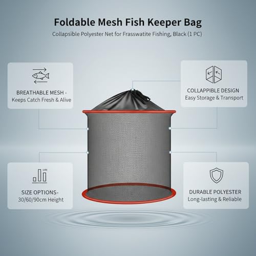 Collapsible Mesh Fish Keeper Bag, Portable Polyester Net for Freshwater Fishing, Black - size: 9.84 x 9.84 x 11.81"