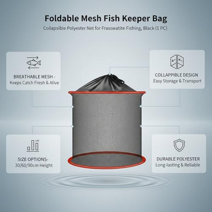 Collapsible Mesh Fish Keeper Bag, Portable Polyester Net for Freshwater Fishing, Black - size: 9.84 x 9.84 x 11.81"