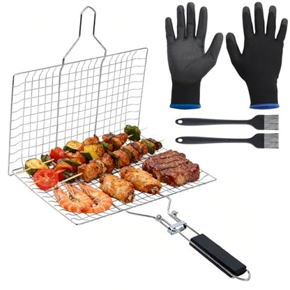 Grill Basket Set – Stainless Steel Folding BBQ Basket with Basting Brush & Heat-Resistant Gloves, Portable Outdoor Rack for Fish, Vegetables, Shrimp, Gift for Dad, Husband, Friends