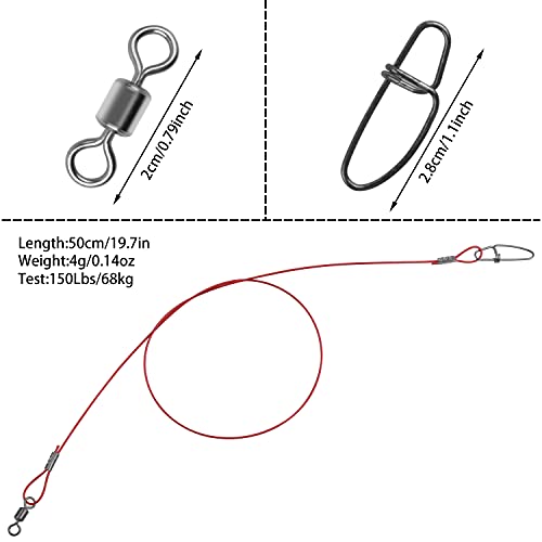 Fishing Wire Leaders Saltwater, 15pcs Heavy Duty 150LB Stainless Steel Line Leaders with Rolling Swivels and Snaps Nylon-Coated Saltwater Line Wire Leader Connect Tackle Lures Rig or Hooks 19.7inch - color: Red