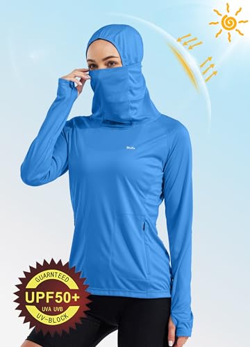 Willit Women's UPF 50+ Sun Protection Hoodie - Breathable Mesh Face Cover & Cooling Fishing Shirt with Pockets - color: Brilliant Blue, size: Medium