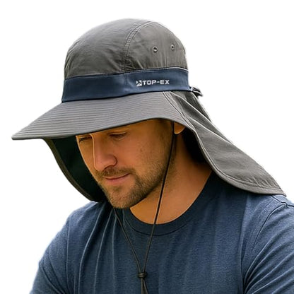 TOP-EX Cooling Sun Hat with Neck Flap – UPF 50+ Wide Brim Breathable Hat for Hiking, Fishing & Big Heads - color: Dark Grey, size: Medium-Large