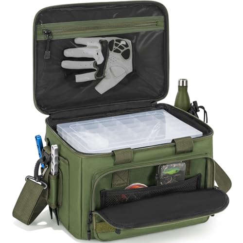 Fishing Tackle Bags with 4 * 3600 Tackle Boxes - Saltwater & Freshwater Compatible, Water Resistant & Durable Fishing Bags with Padded Shoulder Strap - Pliers and Gear Storage Green - color: Green, style: With 4 Tackle Boxes