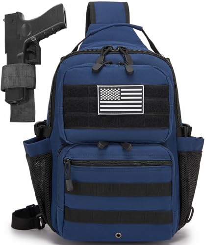 Tactical Sling Backpack Holster Range Shoulder Bag 15L Crossbody Bag Water Bottle Holder Radio Pouch 6 Elastic Slots - color: Navy Blue