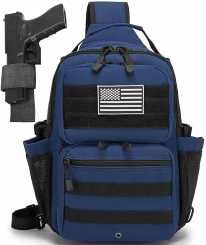 Tactical Sling Backpack Holster Range Shoulder Bag 15L Crossbody Bag Water Bottle Holder Radio Pouch 6 Elastic Slots - color: Navy Blue