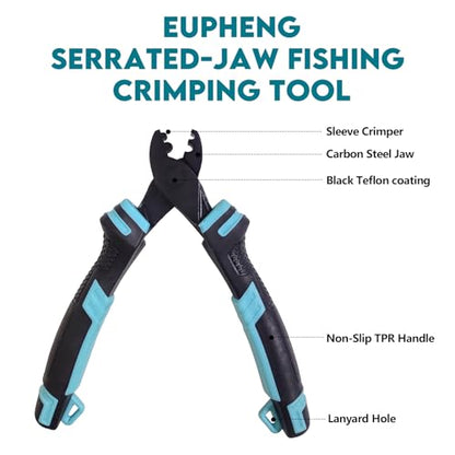 Eupheng Fishing Crimping Pliers Tools Secure Crimp Without Damaging Line, 6-Tooth Serrated Jaws Crimper with 240pcs Copper Sleeves, 5.9in Carbon Steel for Saltwater & Freshwater - color: Crimping Pliers (Orange)