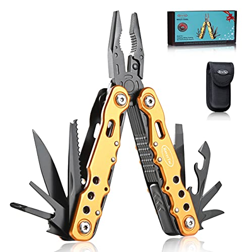 Gifts for Dad Husband Boyfriend Gifts for Him Unique Birthday Gifts for Men RoverTac 14 in 1 Multitool Pocket Knife Pliers Screwdrivers Saw Bottle Opener Perfect for Camping Survival Hiking Repairs - color: Gold