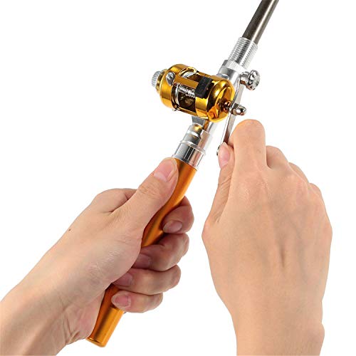 Jatzde Mini Portable Pocket Fish Rod Pen Aluminum Alloy Fishing Rod Pole Reel Combos… - color: Gold