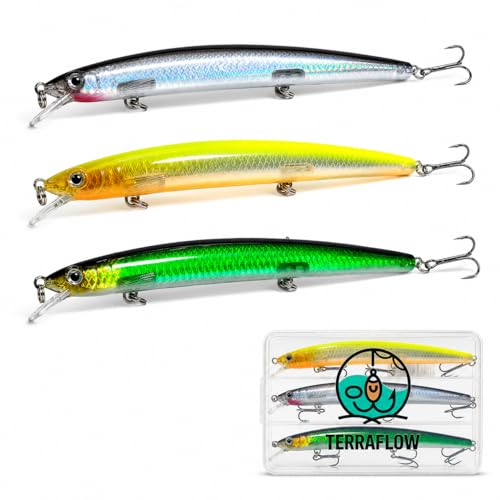 5.3" Minnow Fishing Lures Set, 3PCS Long Casting Jerkbait Minnows with Tackle Box, Multi-Color Hard Baits for Bass, Trout, Walleye & Pike Fishing