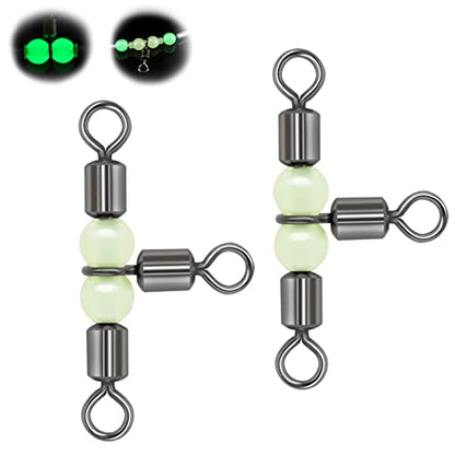 Goture Fishing Swivels, 3 Way Swivels Fishing Tackle, T Shape Cross Line Rolling Swivels with Luminous Beads Saltwater Freshwater,Three Way Fishing Swivels Barrel Swivels for Catfish Rig Surf Rig - color: C:30pcs 3 Way Fishing Swivels-Luminous, size: 1*2