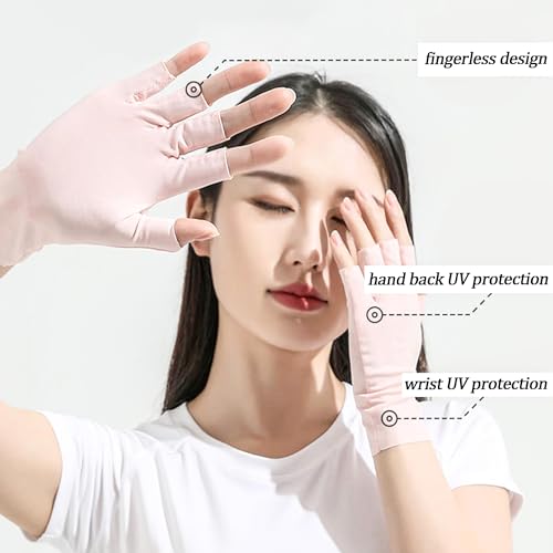 IZUS Women Cool Ice Silk Fingerless Driving Gloves Sunblock Non-Slip Outdoor Light-Thin Gloves Fishing Hiking Outdoor - color: 2set ( Pink+black)