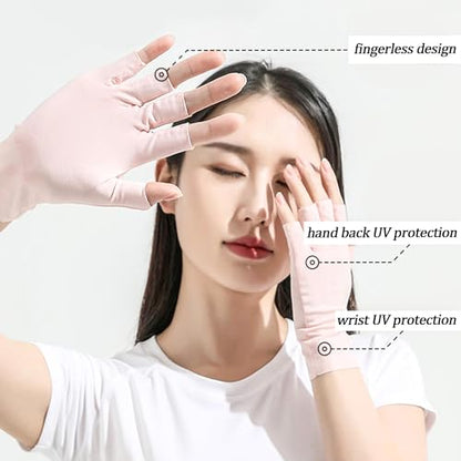 IZUS Women Cool Ice Silk Fingerless Driving Gloves Sunblock Non-Slip Outdoor Light-Thin Gloves Fishing Hiking Outdoor - color: 2set ( Pink+black)