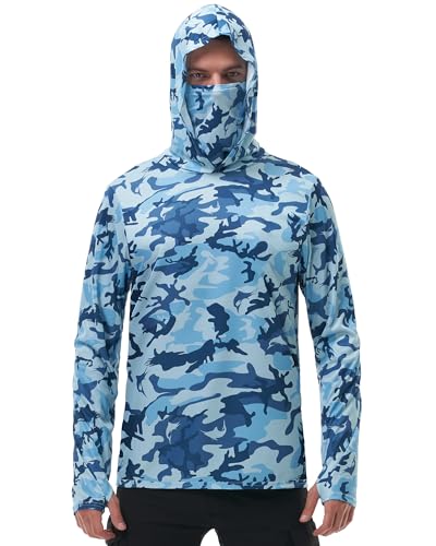 FISHEAL Men's Performance Fishing Hoodie Shirt - UPF 50+ Sun Protection Long Sleeve Thumbholes Shirts with Neck Gaiter - color: Aoyama Navy, size: X-Large