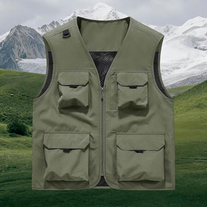 Men's Outdoor Fishing Vest Multi-Pocket Casual Lightweight Quick Dry Travel Photography Hiking Hunting Utility Vests - color: Army Green, size: Small