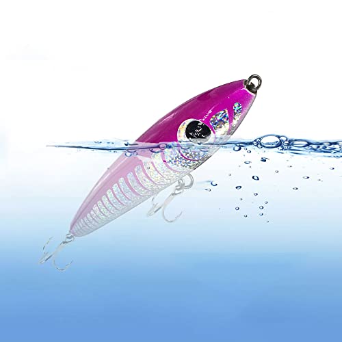 Topwater Pencil Popper Wobbler Hard Stick Baits Handmade Fishing Lure Plug Swimbait with Fishing Treble Hooks Bait Floating Saltwater 4.9OZ - color: pink