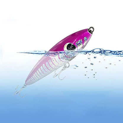 Topwater Pencil Popper Wobbler Hard Stick Baits Handmade Fishing Lure Plug Swimbait with Fishing Treble Hooks Bait Floating Saltwater 4.9OZ - color: pink