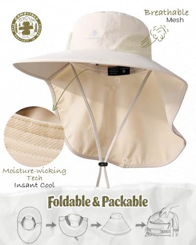 Camptrace Sun Hats for Women Men UPF 50+ UV Protection Wide Brim Hiking Fishing Hat with Neck Flap - color: 01-hot Color Beige