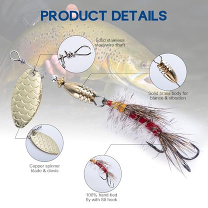 Goture Trout Lures Fishing Spinners,Rooster Bait Tail Bass Fishing Lures with Brass Spinner Blade Fish-Shaped Jig Heads for Freshwater Saltwater,Salmon Steelhead Trout Spinner Bait with Tackle Box - color: C:5pcs Trout Spinners