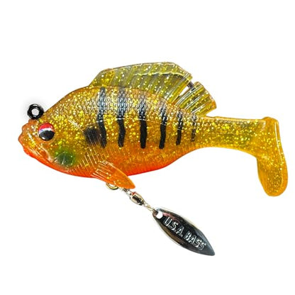 USA Bass Tackle - Hand Poured Underspin Gill - Weedless Gilly Paddletail Sleeper Swimbait with Bass-Tech Soft Plastic & Owner Mega Jig Hook Largemouth Smallmouth Spotted Bass - color: Sun Gill, size: 1/2