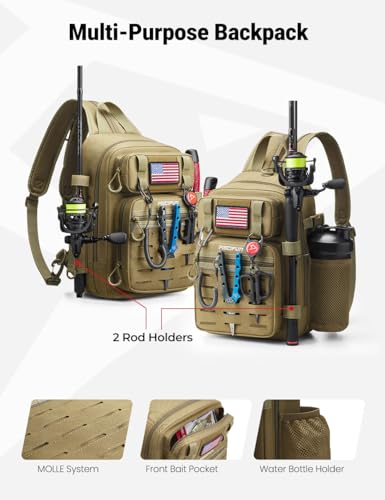 Piscifun Fishing Backpack Tackle Bag with 2 Rod Holders, Multi-Compartment Storage, MOLLE System, Water-Resistant Lightweight Outdoor Pack - color: Double Shoulder - Khaki, style: Standard