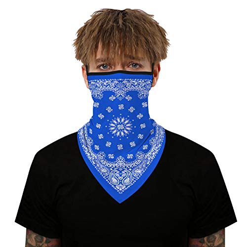 YAYOUREL Neck Gaiter Face Mask Bandanas for Men Women UV Face Scarf Cover Ear Loop Hole Facemask for Fishing Running Cycling - color: Blue White