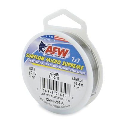 American Fishing Wire Surflon Micro Supreme Nylon Coated 7x7 Stainless Steel Leader Wire - Knottable Wire Leaders for Fishing Saltwater, Fly Fishing, 13lb Test - 90lb Test, Bright, Black & Camo Colors - color: Bright, style: 5 Meter, 20 Pound Test