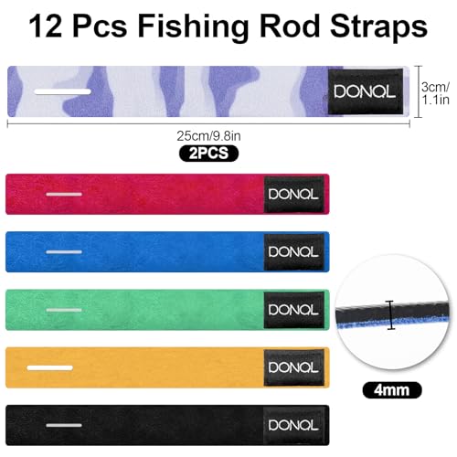 DONQL 12 Pcs Fishing Rod Straps, Stretchy Fishing Rod Tackle Ties, 6 Color Hook and Loop Pole Belts Casting Rods Belt with Fastening Pole Belts for Casting Rods Spinning