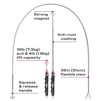 NoCry Premium Pick Up Tool Set — Includes a 36in Flexible Claw Grabber and a Telescoping Magnetic Pickup Stick with a 16lb Pull Force Magnet — Anti-Rust Zinc Coating - style: Set A - Claw and Pick-up Tool
