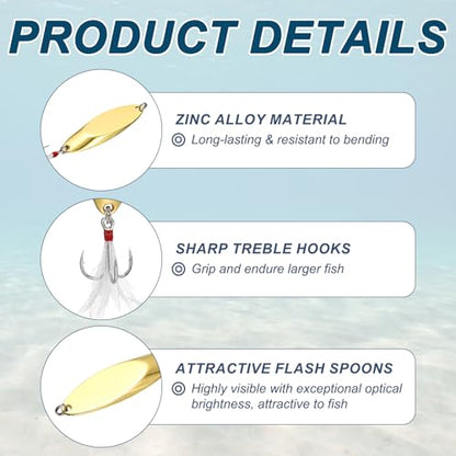 Fishing Spoons Lures Metal Saltwater Treble Trout Lures Jigging Spoon with Treble Hooks Spinner Baits for Freshwater - color: Gold, size: 7g / 1/4oz