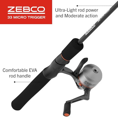 Zebco 33 Micro Trigger Spincast Reel and Fishing Rod Combo, 6-Foot 6-Inch 2-Piece Telescopic Rod, Ultra-Lt Power, Mod Action, Size 10 Reel, 4.3:1 Gear Ratio, 23-Piece Mr. Crappie Tackle Kit, Silver