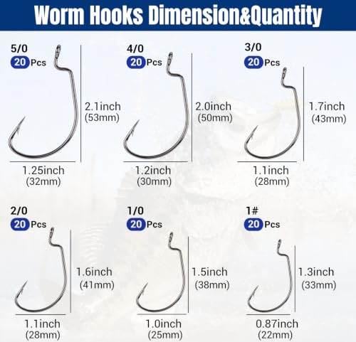 120Pcs Bass Hooks Set, Strong Offset Bass Fishing Hooks Freshwater Barbed Sharp Worm Hooks for Texas Rigging Fishing Extra Wide Gap 6 Sizes Assorted #1 1/0 2/0 3/0 4/0 5/0