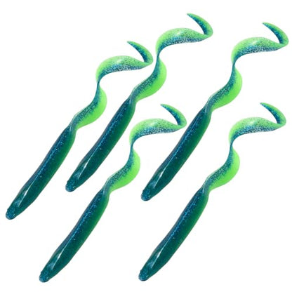 Dr.Fish 5 Pack Sand EEL Lures Saltwater Soft Fishing Lures Swimbait 6 Inch 3/8oz Surf Fishing Creature Baits Soft Plastic Artificial Ribbontail Worm - color: Green/Blue Flash