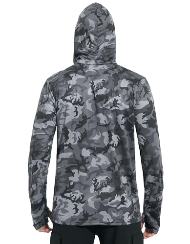 FISHEAL Men's Performance Fishing Hoodie Shirt - UPF 50+ Sun Protection Long Sleeve Thumbholes Shirts with Neck Gaiter - color: Charcoal Gray, size: X-Large