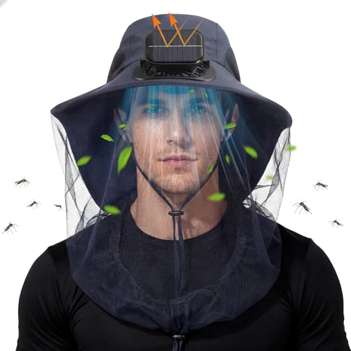 Suhine Mosquito Net Hat with Fan Built in Wide Brim Fan Solar Hat with Netting and Neck Flap for Men Women Outdoor Fishing - color: Navy Blue