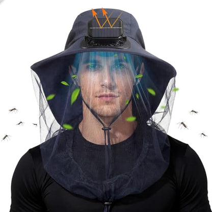 Suhine Mosquito Net Hat with Fan Built in Wide Brim Fan Solar Hat with Netting and Neck Flap for Men Women Outdoor Fishing - color: Navy Blue