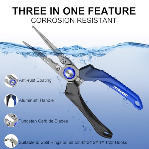 TRUSCEND Lockable Fishing Pliers with High Tungsten Carbide Cutter, Innovative Ergonomic Handy Handle, Saltwater Corrosion Resistant Teflon Coated Fishing Tool, Super Light Multi-Function Fishing Gear - color: A-blue