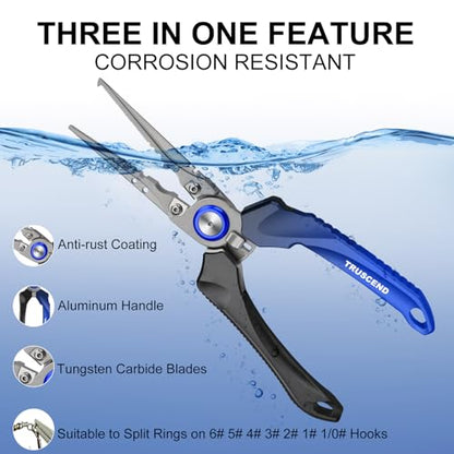 TRUSCEND Lockable Fishing Pliers with High Tungsten Carbide Cutter, Innovative Ergonomic Handy Handle, Saltwater Corrosion Resistant Teflon Coated Fishing Tool, Super Light Multi-Function Fishing Gear - color: A-blue
