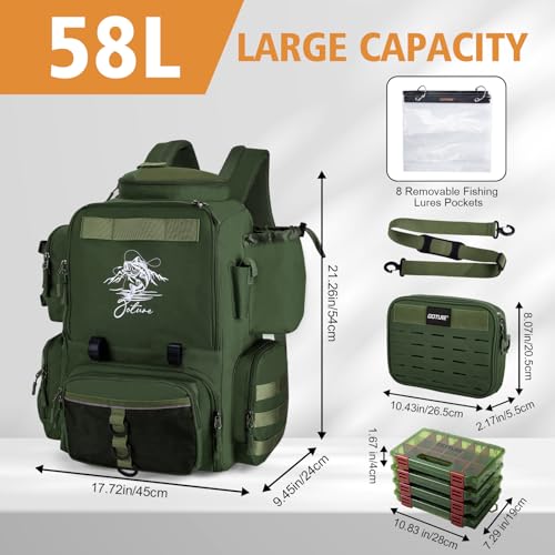 Goture Fishing Backpack with 4 Tackle Boxes,58L 900D Water-Resistant Tackle Backpack with Cooler,Rod Holders,8 Lure Pockets, Detachable Crossbody Bag,Gear Storage Large Fishing Bag for Camping Hiking - color: D1:green With 4 Tackle Boxes