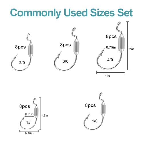 40pcs Weighted Swimbait Hooks Set with Box, EWG Weedless Weighted Fishing Soft Lures Hook, Saltwater Freshwater Worm Fishing Hooks for Bass Walleye Catfish, 1#, 1/0, 2/0, 3/0, 4/0, 8pcs Each Size