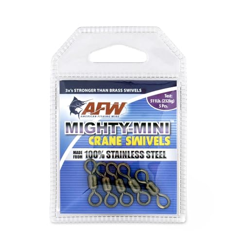 AFW American Fishing Wire Fishing Swivels - Mighty Mini 100% Stainless Steel Crane Swivels, 3X Stronger Than Brass, for Terminal Tackle Box, Up to 600lb Test - Fishing Gear for Fishing Line Leaders - size: 5 Pieces, 511 Pound Test