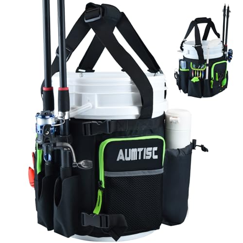 AUMTISC 5 Gallon Bucket Fishing Organizer, Waterproof Ice Fishing Bucket Tool Bag with Rod and Tackle Boxes Holder, Multi-Pocket Tool Caddy Bags for Fishing Gear and Equipment