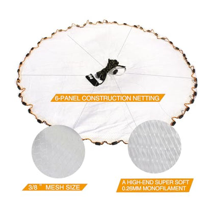 BasicGear Pancake Cast Net – Heavy-Duty 1.0+ lb/ft Weights, 4ft to 12ft Radius, Multiple Mesh Sizes, Pro Grade, Freshwater & Saltwater - size: 6ft Radius, style: 1.00 Lb, 3/8" Sq Mesh