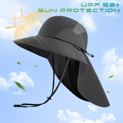 UPF 50+ Foldable Sun Hats Wide Brim with Large Neck Flap for Men Women UV Protection Gardening Fishing Beach Hat - color: Dark Grey