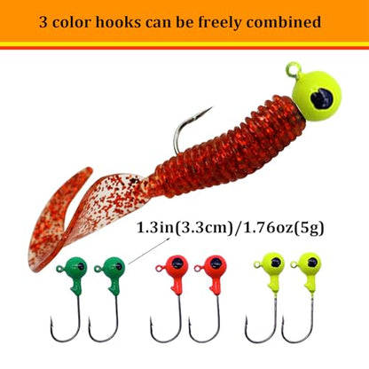 WOLFSKIN Soft Fishing Lures 36pcs Soft Plastic Baits Set Curly Tail Swimbaits with jig Head Hooks 6 Colors of Curly Tail Worms Grubs for Crap Bass Trout Walleye Freshwater Saltwater