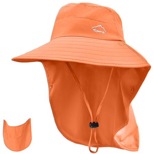 Rosoz Sun Hat for Men Women with Neck Flap,Wide Brim UPF50+ Fishing Hat with Detachable Face Cover Outdoor Sun Protection Hat - color: 1pack-orange